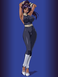 Rule 34 | 00s, 1girl, armpits, arms up, black bodysuit, black hair, bleach, bodysuit, breasts, contrapposto, covered erect nipples, curvy, dark-skinned female, dark skin, kagami hirotaka, large breasts, latex, pants, ponytail, shihouin yoruichi, skin tight, smile, solo, standing, thighs, tight clothes, tight pants, yellow eyes