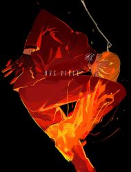 Rule 34 | 1boy, azisaiharumaki56, blonde hair, cigarette, facial hair, fire, formal, hair over one eye, highres, male focus, one piece, pants, red suit, sanji (one piece), smoking, suit