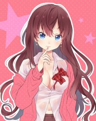 Rule 34 | 10s, 1girl, blue eyes, blush, bow, bowtie, breasts, brown hair, brown skirt, cardigan, cleavage, collarbone, curly hair, earrings, finger to mouth, gobou 1000, ichinose shiki, idolmaster, idolmaster cinderella girls, jacket, jewelry, long hair, long sleeves, medium breasts, navel, no bra, off shoulder, open clothes, open jacket, open shirt, parted lips, pleated skirt, polka dot, polka dot background, red background, red jacket, school uniform, see-through, semi-transparent, shirt, skirt, smile, solo, star (symbol), star earrings, undone bowtie, undone tie, unmoving pattern, upper body, white shirt