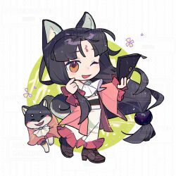 Rule 34 | 1girl, ;d, animal, animal ears, arknights, black hair, blush, brown eyes, brown footwear, chengfeia, clothed animal, commentary request, dog, dog ears, dog girl, dog tail, facial mark, forehead mark, full body, highres, holding, japanese clothes, kimono, long hair, long sleeves, looking at viewer, obi, one eye closed, open clothes, open mouth, parted bangs, round image, saga (arknights), saga (there they be) (arknights), sash, shoes, sleeves past wrists, smile, solo, tail, very long hair, walking, white kimono, wide sleeves