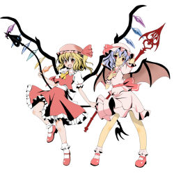 Rule 34 | 2girls, back bow, bat wings, blonde hair, bobby socks, bow, closed mouth, collared shirt, crystal, fang, flandre scarlet, frilled headwear, frilled shirt collar, frilled skirt, frilled sleeves, frills, hand on own chest, happy, hat, hat ribbon, holding, holding polearm, holding weapon, laevatein (touhou), large bow, looking at viewer, mary janes, medium hair, multicolored wings, multiple girls, one side up, open mouth, pink headwear, pink shirt, pink skirt, pink socks, polearm, puffy short sleeves, puffy sleeves, purple hair, red eyes, red footwear, red ribbon, red skirt, red vest, remilia scarlet, ribbon, shirt, shoes, short sleeves, siblings, simple background, sisters, skirt, skirt set, sleeve ribbon, smile, socks, spear the gungnir, touhou, vest, weapon, white background, white bow, white shirt, white socks, wings, wrist cuffs, zol (rambling7)