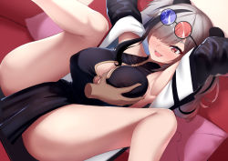 Rule 34 | 1girl, :d, animal ears, arknights, armpits, arms up, bare shoulders, black dress, black hair, blush, grabbing another&#039;s breast, breasts, china dress, chinese clothes, cleavage, cleavage cutout, clothing cutout, couch, dearonnus, disembodied limb, dress, eyewear on head, feater (arknights), grabbing, hair over one eye, large breasts, legs up, long hair, long sleeves, multicolored hair, no bra, nose blush, open mouth, pillow, red eyes, silver hair, sitting, smile, solo focus, spread legs, sunglasses, sunglasses on head, thighs