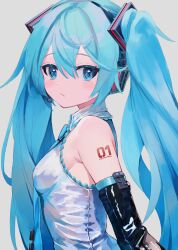 Rule 34 | 1girl, bare shoulders, blue eyes, blue hair, blue necktie, blush, breasts, closed mouth, commentary, detached sleeves, from side, hatsune miku, headphones, highres, long hair, long sleeves, looking at viewer, looking to the side, necktie, number tattoo, shirt, shoulder tattoo, simple background, small breasts, solo, symbol-only commentary, takepon1123, tattoo, twintails, upper body, very long hair, vocaloid, white background, white shirt