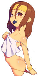 Rule 34 | 1girl, ass, bare shoulders, blush, bright pupils, brown eyes, brown hair, camisole, closed mouth, clothes pull, collarbone, condom, condom in mouth, condom wrapper, cropped legs, fang, fang out, female focus, flat chest, from side, hair between eyes, looking at viewer, matching hair/eyes, metata, mouth hold, original, panties, panty pull, shiny skin, shirt pull, simple background, smile, solo, strap slip, underwear, white background, wristband, yellow panties