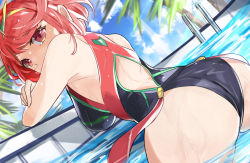 1girl, ass, bangs, bare shoulders, black swimsuit, blush, breasts, competition swimsuit, covered navel, earrings, gem, headpiece, jewelry, large breasts, looking at viewer, one-piece swimsuit, pyra (pro swimmer) (xenoblade), pyra (xenoblade), red eyes, red hair, short hair, solo, swept bangs, swimsuit, tiara, tomas (kaosu22), water, xenoblade chronicles (series), xenoblade chronicles 2