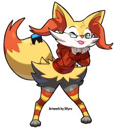 Rule 34 | 1girl, alternate eye color, animal ear fluff, animal ears, animal hands, artist name, black-framed eyewear, bottomless, braixen, closed mouth, clothed pokemon, creatures (company), english text, female focus, fox ears, fox tail, full body, furry, furry female, game freak, gen 6 pokemon, glasses, green eyes, handheld game console, hands up, happy, head rest, hood, hoodie, leaning forward, legs apart, long sleeves, looking at viewer, multicolored clothes, multicolored legwear, nintendo, nintendo switch, one eye closed, outline, own hands together, pigeon-toed, pokemon, pokemon (creature), red sweater, shiny clothes, shiny skin, sifyro, smile, solo, standing, striped clothes, striped thighhighs, sweater, tail, thighhighs, toeless legwear, tongue, tongue out, transparent background, watermark, white outline, wink