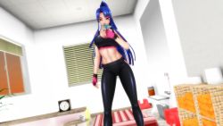 Rule 34 | 1girl, 3d, action taimanin, alternate hairstyle, artist request, blue hair, blush, breasts, curvy, female focus, fingerless gloves, full body, gloves, gym uniform, highres, large breasts, long hair, looking at viewer, looking to the side, mikumikudance (medium), official alternate costume, pants, ponytail, red eyes, selfie, shiny clothes, shiny skin, skin tight, solo, sportswear, standing, sweat, taimanin (series), taimanin asagi, very long hair, wide hips, yatsu murasaki, yoga pants