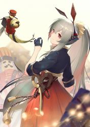 Rule 34 | 1girl, arknights, black gloves, black jacket, commentary, cowboy shot, dress, gloves, hand up, jacket, jiusan naitang, long hair, official alternate costume, parted lips, ponytail, red dress, red eyes, silver hair, solo, standing, very long hair, weedy (arknights), weedy (candy cape) (arknights)