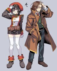 Rule 34 | 1boy, 1girl, belt, beret, black eyes, black footwear, black hair, black pants, black shorts, brown coat, brown footwear, buttons, clenched teeth, coat, collared shirt, full body, glasses, gloves, green vest, grey background, hand in pocket, hand on own head, hat, highres, ispin charles, long sleeves, looking at viewer, looking to the side, manarou, maximin liebkne, military uniform, necktie, overcoat, oversized belt, pants, red hat, red necktie, shaded face, shirt, short hair, shorts, simple background, sleeve cuffs, tales weaver, teeth, thighhighs, uniform, vest, white gloves, white shirt