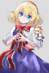 Rule 34 | 1girl, alice margatroid, blonde hair, blue dress, blue eyes, bow, bowtie, breasts, capelet, closed mouth, commentary request, cowboy shot, dress, grey background, hair between eyes, hair bow, hairband, highres, jewelry, kayon (touzoku), looking at viewer, medium breasts, multiple rings, red bow, red bowtie, red hairband, revision, ring, shanghai doll, short hair, simple background, smile, solo, standing, steepled fingers, touhou, white capelet
