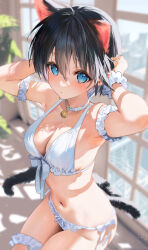 Rule 34 | 1girl, absurdres, adjusting hair, animal ears, arm garter, armpits, arms up, bare shoulders, bell, black hair, blue eyes, blurry, blurry background, bra, breasts, bridal garter, cat ears, cat tail, cleavage, collar, commentary request, cowboy shot, depth of field, frills, front-tie top, genderswap, genderswap (mtf), groin, hair between eyes, hands on own head, highres, houshin engi, indoors, kemonomimi mode, lace, lace-trimmed panties, lace trim, large breasts, lingerie, looking at viewer, mimoza (96mimo414), navel, neck bell, panties, scrunchie, short hair, side-tie panties, solo, stomach, sunlight, taikoubou, tail, underwear, underwear only, white bra, white panties, window, wrist scrunchie