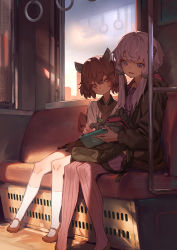 Rule 34 | 2girls, brown footwear, brown hair, closed mouth, commentary request, hair ornament, handheld game console, holding, holding handheld game console, long hair, looking at another, low twintails, multiple girls, nintendo switch, open mouth, purple eyes, purple hair, purple legwear, red eyes, shoes, short hair, sitting, smile, socks, striped clothes, striped legwear, striped thighhighs, thighhighs, touhoku kiritan, train interior, twintails, vertical-striped clothes, vertical-striped legwear, vertical-striped thighhighs, voiceroid, yamamomo (plank), yuzuki yukari