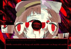 Rule 34 | 1girl, abstract, abstract background, blood, brown hair, close-up, glitch, highres, looking at viewer, milk-chan (milk series), milk inside a bag of milk inside a bag of milk, nosebleed, pale skin, red eyes, wakiuei