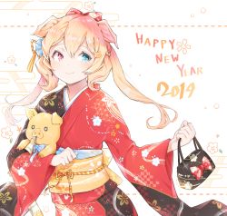 Rule 34 | 1girl, animal, animal ears, animal hug, bag, black kimono, blonde hair, blue eyes, blush, bow, chinese zodiac, closed mouth, commentary request, cpqm, egasumi, floral print, hair between eyes, hair bow, handbag, happy new year, heterochromia, highres, holding, holding bag, japanese clothes, kimono, long hair, long sleeves, multicolored clothes, multicolored kimono, nengajou, new year, obi, original, pig, pig ears, print kimono, red bow, red eyes, red kimono, sash, smile, solo, twintails, wide sleeves, year of the pig