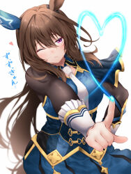 1girl admire_vega_(umamusume) air_writing animal_ears blue_dress blue_eyes bodystocking brown_hair closed_mouth commentary_request dress ear_covers hair_between_eyes hand_on_own_hip heart highres horse_ears horse_girl horse_tail index_finger_raised long_hair looking_at_viewer necktie one_eye_closed ponytail red_hayao simple_background single_ear_cover solo tail umamusume white_background white_necktie