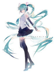 Rule 34 | 1girl, absurdly long hair, arm tattoo, black footwear, black skirt, black sleeves, blue eyes, blue hair, blue necktie, boots, character name, closed mouth, collared shirt, commentary, copyright name, detached sleeves, dress shirt, floating hair, from side, full body, hair between eyes, hatsune miku, hatsune miku (vocaloid4), headphones, headset, highres, long hair, long sleeves, microphone, miniskirt, necktie, number tattoo, pleated skirt, shirt, simple background, skirt, sleeveless, sleeveless shirt, smile, solo, standing, tattoo, thigh boots, thighhighs, twintails, twitter username, v4x, very long hair, vocaloid, watermark, white background, white shirt, wing collar, wnmuwnmu, zettai ryouiki