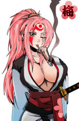 Rule 34 | 1girl, amputee, arc system works, baiken, breasts, center opening, cleavage, facepaint, facial mark, facial tattoo, forehead mark, guilty gear, huge breasts, japanese clothes, katana, kimono, kiseru, large breasts, lips, long hair, no bra, obi, one-eyed, open clothes, open kimono, pink eyes, pink hair, smoking pipe, ponytail, red eyes, sash, scar, scar across eye, scar on face, sheath, sheathed, smoking, solo, sword, taka (taka yosi), tattoo, weapon