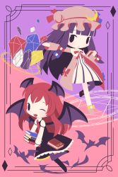 Rule 34 | 2girls, bat (animal), bat wings, black dress, black eyes, black legwear, blue ribbon, book, chibi, cobalta, commentary request, crescent, crescent hat ornament, crystal, dress, footwear ribbon, frilled dress, frills, hair ribbon, hat, hat ornament, head wings, highres, hime cut, holding, holding book, juliet sleeves, koakuma, long hair, long sleeves, magic circle, mob cap, multicolored background, multiple girls, neck ribbon, necktie, nightgown, one eye closed, outstretched arm, pajamas, patchouli knowledge, pink footwear, pink headwear, pink nightgown, puffy sleeves, purple hair, red hair, red ribbon, ribbon, standing, standing on one leg, striped clothes, striped dress, touhou, tress ribbon, white dress, wings, yellow ribbon