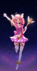 Rule 34 | 1girl, alternate costume, alternate hair color, alternate hairstyle, brooch, choker, earrings, elbow gloves, full body, gloves, hand on own hip, jewelry, league of legends, lux (league of legends), magical girl, pink hair, solo, standing, star (symbol), star guardian (league of legends), star guardian lux, thighhighs, tiara, wand