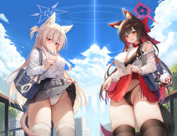 Rule 34 | 2girls, absurdres, akira (blue archive), animal collar, animal ear fluff, animal ears, bag, black bra, black hair, black panties, black skirt, black thighhighs, blue archive, blush, bra, breasts, buttons, cameltoe, cat ears, cat tail, cleavage, clothes lift, cloud, cloudy sky, collar, collared shirt, colored inner hair, cowboy shot, day, fox ears, fox tail, grey halo, grin, hair between eyes, halo, highres, large breasts, lifting own clothes, long hair, long sleeves, multicolored hair, multiple girls, open mouth, outdoors, panties, pleated skirt, red eyes, red hair, red halo, red skirt, school bag, shirt, skirt, skirt lift, sky, smile, tail, thighhighs, tun chicken, underwear, wakamo (blue archive), white bra, white hair, white panties, white shirt, white thighhighs, yellow eyes
