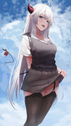 Rule 34 | 1girl, absurdres, ahoge, black shirt, black skirt, black thighhighs, blue eyes, candy, clothes lift, cloud, cloudy sky, demon girl, demon horns, demon tail, feet out of frame, food, garter straps, highres, horns, lifting own clothes, lollipop, long hair, looking at viewer, mouth hold, pleated skirt, pointy ears, shirt, skirt, skirt lift, sky, solo, tail, thighhighs, vei (vtuber), vei (vtuber) (2nd costume), very long hair, virtual youtuber, vshojo, wanne, white hair