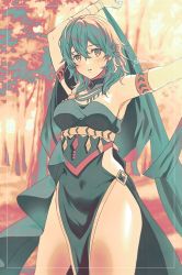 Rule 34 | 1girl, alternate costume, arm up, armpits, blurry, blurry background, blush, breasts, byleth (female) (fire emblem), byleth (fire emblem), commentary request, covered navel, dancer, dancer (fire emblem: three houses), dress, fire emblem, fire emblem: three houses, hair between eyes, highres, limited palette, looking at viewer, medium breasts, medium hair, nintendo, outdoors, parted lips, pelvic curtain, sephikowa, sideboob, solo, thighs, tree, twitter username