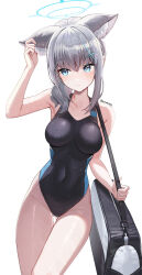 Rule 34 | 1girl, absurdres, animal ear fluff, animal ears, black one-piece swimsuit, blue archive, blue eyes, blue halo, breasts, commentary, competition swimsuit, covered navel, cross, cross hair ornament, extra ears, grey hair, hair ornament, halo, highleg, highleg swimsuit, highres, hutosutoro, inverted cross, medium breasts, medium hair, mismatched pupils, multicolored clothes, multicolored swimsuit, official alternate costume, one-piece swimsuit, shiroko (blue archive), shiroko (swimsuit) (blue archive), simple background, solo, swimsuit, two-tone swimsuit, wet, wet clothes, wet swimsuit, white background, wolf ears