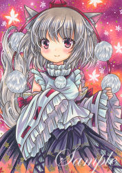 Rule 34 | 1girl, animal ear fluff, animal ears, black bow, black skirt, blush, bow, breasts, closed mouth, detached sleeves, frilled sleeves, frills, hat, inubashiri momiji, leaf, leaf background, leaf print, looking at viewer, marker (medium), medium breasts, medium hair, pink background, pom pom (clothes), print skirt, purple background, red eyes, red hat, ribbon-trimmed sleeves, ribbon trim, rui (sugar3), sample watermark, shirt, silver hair, silver tail, skirt, sleeveless, sleeveless shirt, sleeves past fingers, sleeves past wrists, smile, solo, tail, tokin hat, touhou, traditional media, watermark, wide sleeves, wolf ears, wolf tail
