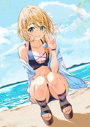 Rule 34 | 1girl, absurdres, bare shoulders, beach, bikini, black bikini, black footwear, blonde hair, blue jacket, blue sky, blush, breasts, cleavage, cloud, collarbone, commentary, copyright request, day, dutch angle, english commentary, full body, green eyes, hair ornament, hairclip, highres, jacket, long hair, long sleeves, looking at viewer, medium breasts, navel, nonbire, ocean, off shoulder, open clothes, open jacket, outdoors, panties, parted lips, platform footwear, side-tie panties, sky, smile, soap bubbles, solo, squatting, swept bangs, swimsuit, toeless footwear, underwear, v, water, wristband