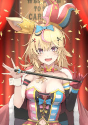 Rule 34 | 1girl, ahoge, animal ears, arm strap, blonde hair, blush, bow, bowtie, braid, breasts, cleavage, clothing cutout, confetti, elbow gloves, facial mark, fox ears, fox girl, gloves, hair between eyes, hair ornament, hair over shoulder, hairclip, hat, heart, highres, holding, hololive, jester cap, large breasts, long hair, looking at viewer, mitsuru (pixiv 34028718), multicolored clothes, multicolored gloves, multicolored hair, navel, navel cutout, omaru polka, omaru polka (1st costume), open mouth, pink hair, purple eyes, red bow, red bowtie, red gloves, side braid, single elbow glove, smile, solo, streaked hair, symbol-shaped pupils, tilted headwear, virtual youtuber, wrist cuffs, x hair ornament