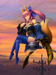 Rule 34 | 10s, 1girl, animal ears, bare shoulders, blue thighhighs, breasts, cleavage, crossed legs, detached sleeves, fate/extra, fate (series), fox ears, fox tail, highres, irie, japanese clothes, kimono, large breasts, legs, long legs, no shoes, one eye closed, pink hair, sidelocks, sitting, solo, sunset, tail, tamamo no mae (fate/extra), thighhighs, thighs, twintails, wink, yellow eyes