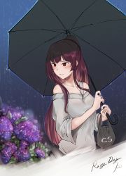 Rule 34 | 1girl, absurdres, alternate costume, alternate hairstyle, bad id, bad pixiv id, bag, blouse, blush, braid, breasts, closed mouth, cloud, cloudy sky, crown braid, flower, girls&#039; frontline, grey shirt, highres, holding, holding bag, holding umbrella, hydrangea, jewelry, large breasts, light smile, long hair, looking down, outdoors, ponytail, purple hair, rain, red eyes, ring, shirt, shopping bag, sidelocks, signature, single strap, sky, solo, stigmamyu, umbrella, upper body, very long hair, wa2000 (girls&#039; frontline), wedding ring, wide sleeves