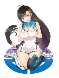 Rule 34 | 1girl, :d, ahoge, armor, armored boots, asymmetrical legwear, baozi, bare arms, bare shoulders, black hair, black thighhighs, blade arcus from shining, blue eyes, boots, breasts, chinese clothes, cleavage, cleavage cutout, clothing cutout, covered navel, dress, dumpling, food, full body, hair ornament, hairclip, head tilt, high heels, highres, holding, holding food, large breasts, long hair, looking at viewer, low-tied long hair, microdress, mismatched legwear, official art, open mouth, pairon, see-through, shining (series), shiny skin, simple background, single thighhigh, sitting, sleeveless, sleeveless dress, smile, solo, taut clothes, thigh gap, thighhighs, tony taka, uneven legwear, very long hair, wariza, white background, white thighhighs