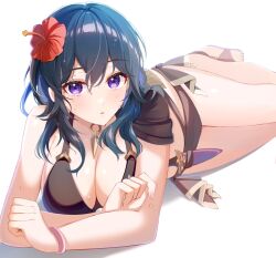 Rule 34 | 1girl, bare arms, bare shoulders, bikini, black bikini, blue hair, breasts, byleth (female) (fire emblem), byleth (female) (summer) (fire emblem), byleth (fire emblem), commentary, fire emblem, fire emblem: three houses, fire emblem heroes, flower, highres, large breasts, long hair, looking at viewer, nintendo, official alternate costume, parted lips, purple eyes, red flower, satoimo chika, simple background, solo, swimsuit, thighs, white background
