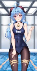 Rule 34 | 1girl, ahoge, bell, blue hair, blush, breasts, brown pantyhose, cameltoe, cleavage, collarbone, covered navel, cowboy shot, embarrassed, ganyu (genshin impact), genshin impact, gluteal fold, hand on own thigh, highres, horns, long hair, looking away, looking to the side, matrix16, medium breasts, neck bell, pantyhose, pantyhose under swimsuit, pool, purple eyes, school swimsuit, sidelocks, solo, standing, swimsuit, thighlet, thighs