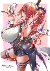 Rule 34 | 1girl, animal ears, bare shoulders, black hair, breasts, choker, collared shirt, cup, detached sleeves, drinking glass, fake animal ears, hair over one eye, high heels, highres, huge breasts, lain paterson, lain paterson (2nd costume), long hair, looking at viewer, multicolored hair, necktie, nijisanji, official alternate costume, ponytail, rabbit ears, red hair, shark, shirt, sideboob, sleeveless, smile, standing, standing on one leg, streaked hair, thighhighs, tray, virtual youtuber, wrist cuffs, yazawa mana