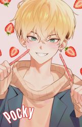 Rule 34 | 1boy, bad id, bad twitter id, black hair, blonde hair, blue jacket, blush, brown sweater, clqndb 27, earrings, food, fruit, green eyes, grin, hair between eyes, hands up, highres, holding, holding food, holding pocky, jacket, jewelry, long sleeves, looking at viewer, male focus, matsuno chifuyu, pink background, pocky, short hair, single earring, sleeves past wrists, smile, solo, strawberry, sweater, tokyo revengers, undercut, upper body