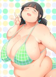 Rule 34 | 1girl, belly, black eyes, black hair, blush, breasts, cleavage, fat, highres, huge breasts, obese, open mouth, shimejix, smile, solo, sweat, swimsuit, v