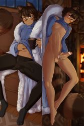 Rule 34 | 1boy, :3, absurdres, animal ears, bar censor, barefoot, black leggings, blue sweater, bottomless, brown hair, bulge, censored, clothes lift, coat, couch, cup, erection, erection under clothes, fireplace, fur coat, glasses, gloves, hand on own stomach, head tilt, highres, holding, holding cup, hot chocolate, indoors, ittla, leggings, light areolae, long sleeves, looking at viewer, lying, male focus, mittens, mug, multiple views, navel, nipples, on back, on floor, orange eyes, orange hair, original, pants, penis, pom pom (clothes), precum, raccoon boy, raccoon ears, raccoon tail, rug, seductive smile, semi-rimless eyewear, short hair, sideways, skin tight, smile, spread legs, sweater, sweater lift, tail, tan, testicles, trap, turtleneck, under-rim eyewear, undressing, winter clothes, winter coat