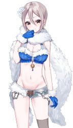 Rule 34 | 1girl, bad id, bad twitter id, blue gloves, breasts, brown thighhighs, cleavage, cowboy shot, earrings, fur scarf, gloves, hair ornament, highres, idolmaster, idolmaster cinderella girls, jewelry, looking at viewer, misumi (macaroni), navel, shiomi syuko, short shorts, shorts, silver shorts, simple background, single earring, single thighhigh, smile, solo, stomach, thighhighs, white background