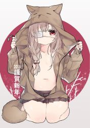 Rule 34 | 1girl, 2018, animal ears, animal hood, bad id, bad pixiv id, belly, black skirt, brown hair, brown hoodie, chinese zodiac, closed mouth, collarbone, dog ears, dog girl, dog hood, dog tail, drawstring, eyepatch, fingernails, flat chest, full body, hair between eyes, hair bobbles, hair censor, hair ornament, hood, hood up, hoodie, long hair, long sleeves, looking at viewer, medical eyepatch, navel, open clothes, open hoodie, original, pleated skirt, red eyes, seiza, sitting, skirt, sleeves past wrists, solo, tail, translation request, tsuka, year of the dog