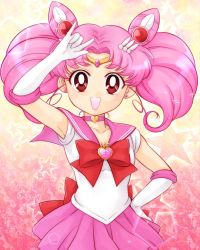 Rule 34 | 1girl, :d, absurdres, arm up, armpits, back bow, bishoujo senshi sailor moon, bow, bright pupils, brooch, chibi usa, choker, circlet, cone hair bun, double bun, earrings, elbow gloves, gloves, hair bun, hair ornament, hairpin, heart, heart brooch, heart choker, highres, jewelry, looking at viewer, m/, magical girl, open mouth, pink choker, pink hair, pink sailor collar, pink skirt, pink theme, pleated skirt, red bow, red eyes, sailor chibi moon, sailor collar, short hair, skirt, smile, solo, terujirou (masateruteru), twintails, white gloves
