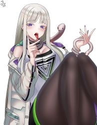 Rule 34 | 1girl, :p, black pantyhose, blush, breasts, cheona (last origin), coat, colored eyelashes, earrings, forked tongue, green nails, highres, jewelry, jungtong, last origin, looking at viewer, multicolored nails, nail polish, pantyhose, piercing, purple eyes, purple nails, signature, silver hair, simple background, snake, tank top, tongue, tongue out, tongue piercing, white background