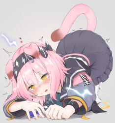 Rule 34 | 1girl, animal ears, arknights, black bracelet, black hairband, black skirt, blush, bow, cat ears, cat girl, cat tail, clothes writing, electricity, floppy ears, goldenglow (arknights), hair between eyes, hair bow, hairband, heart, highres, infection monitor (arknights), jacket, lightning bolt print, lightning bolt symbol, long sleeves, open mouth, pcaccount13, pink hair, simple background, skirt, solo, spoken heart, tail, tareme, thighhighs, top-down bottom-up, white thighhighs, yellow eyes