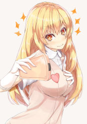 Rule 34 | &gt;:), + +, 1girl, bad id, bad pixiv id, blonde hair, blush, breasts, controller, elbow gloves, foreshortening, ginsake, gloves, grey background, hand on own chest, head tilt, heart on chest, highres, impossible clothes, large breasts, long hair, looking at viewer, medium breasts, one eye closed, remote control, school uniform, shokuhou misaki, short sleeves, smile, solo, sweater vest, symbol-shaped pupils, toaru kagaku no railgun, toaru majutsu no index, upper body, v-shaped eyebrows, white gloves, wink, yellow eyes