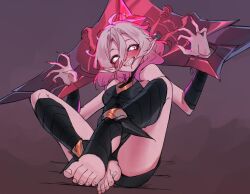 Rule 34 | 1girl, ahoge, blush, briar (league of legends), clenched teeth, colored sclera, colorized, commentary, detached sleeves, english commentary, feet, fingernails, full body, grey hair, hair between eyes, kago (wall io), knee up, league of legends, looking at viewer, multicolored hair, otjareniy, pink hair, pointy ears, red sclera, sharp fingernails, sidelocks, simple background, sitting, smile, solo, spread legs, stirrup legwear, streaked hair, teeth, toeless footwear, toeless legwear, toenails, toes, two-tone hair, white eyes, wrist cuffs