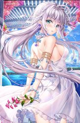 Rule 34 | 1girl, arms behind back, backless dress, backless outfit, bare shoulders, blue sky, blueberry, blush, braid, breasts, cloud, commentary request, day, dress, floating hair, flower, food, frilled dress, frills, fruit, fujima takuya, green eyes, grey hair, hair between eyes, holding, holding flower, long hair, medium breasts, original, purple flower, sideboob, sky, solo, twitter username, very long hair, water, white dress