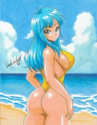 Rule 34 | 1girl, 2021, artist request, ass, bare legs, bare shoulders, beach, blue eyes, blue hair, blue sky, breasts, casual one-piece swimsuit, cleavage, cloud, cowboy shot, curvy, dated, dragon ball, dragonball z, from behind, highleg, highleg swimsuit, highres, huge ass, large breasts, long hair, looking at viewer, looking back, maron (dragon ball), matching hair/eyes, ocean, one-piece swimsuit, outdoors, ravernclouk design, sideboob, signature, skindentation, sky, smile, solo, standing, swimsuit, traditional media, water, yellow one-piece swimsuit