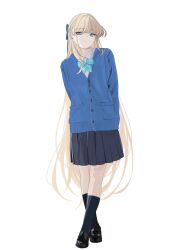 Rule 34 | 1girl, absurdres, black footwear, black skirt, black socks, blonde hair, blue archive, blue bow, blue bowtie, blue eyes, blue jacket, bow, bowtie, braid, buttons, closed mouth, collared shirt, french braid, full body, hair bow, halo, highres, jacket, long hair, long sleeves, looking at viewer, pleated skirt, pocket, shirt, shorts, simple background, skirt, socks, solo, standing, tnr (horiko1525), toki (blue archive), very long hair, white background, white shirt