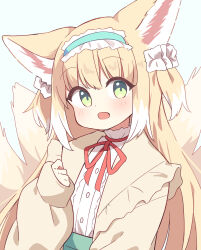 Rule 34 | 1girl, animal ears, aqua hairband, arknights, blonde hair, blush, brown cardigan, cardigan, colored tips, commentary, dot nose, fox ears, fox girl, fox tail, frilled hairband, frills, green eyes, hairband, highres, kitsune, kyuubi, long hair, long sleeves, looking at viewer, multicolored hair, multiple tails, neck ribbon, official alternate costume, open mouth, puffy long sleeves, puffy sleeves, red ribbon, ribbon, ryoku sui, shirt, simple background, sleeves past wrists, solo, suzuran (arknights), suzuran (spring praise) (arknights), tail, two side up, upper body, white background, white hair, white shirt